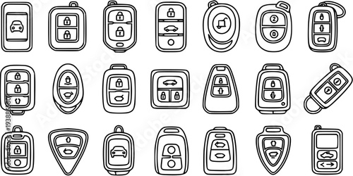 Automotive Key Fob and Car Remote Access Devices Black and White Line Art Icon Set  Diverse Collection of Vehicle Entry and Security Symbols