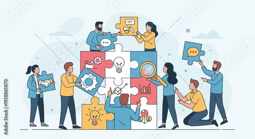 Diverse Team Assembling Puzzle Pieces Together.