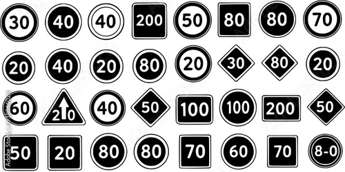 Transportation Industry Black and White Line Art Icons Set: Speed Limit and Traffic Road Signs Collection for Automotive Safety