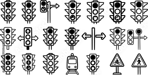 Traffic Lights and Road Signs Line Art Icons. Black and White Outline Set for Transportation, Urban Navigation, Pedestrian Safety, and City Traffic Control.