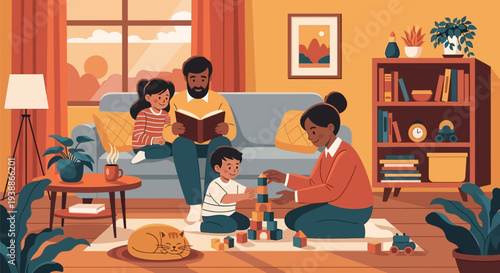 Family Reading Together on Living Room Floor.