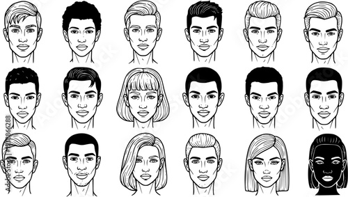 Black and White Line Art Diverse Faces, Male and Female Avatars, Identity, Ethnicity, People