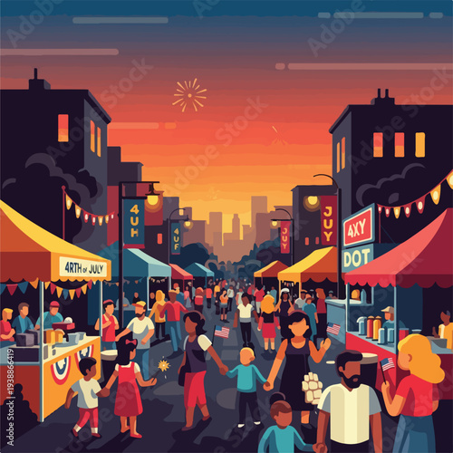A vibrant festival street scene, filled with people, food stalls, and fireworks