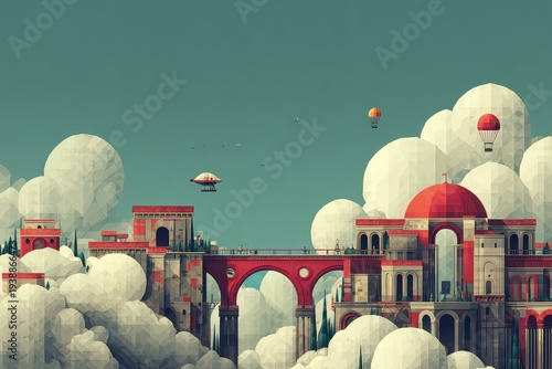 Pixelated Fantasy Landscape with Red Rooftop Buildings Floating in Cloudy Sky featuring Arches Balloons and Airships in Warm Palette