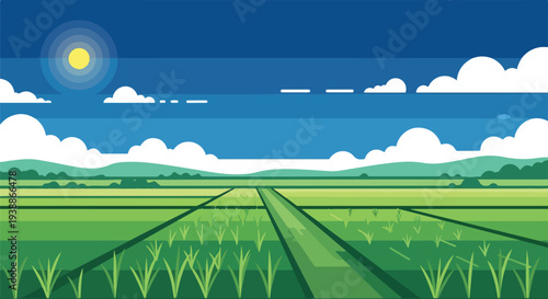 A vibrant, flat illustration depicting a sunny day over cultivated fields