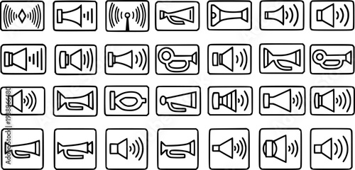 Set of black and white line art icons representing sound, speakers, horns, and audio signals for technology and communication