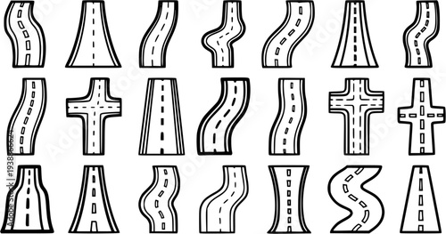 Transportation Road Elements Doodle Set: Black and White Line Art Icons of Various Street Segments and Intersections