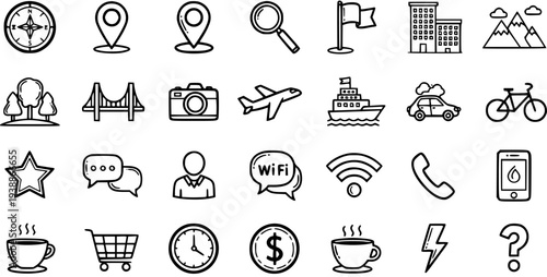 Black and White Line Art Icons: Travel, Technology, and Lifestyle Collection