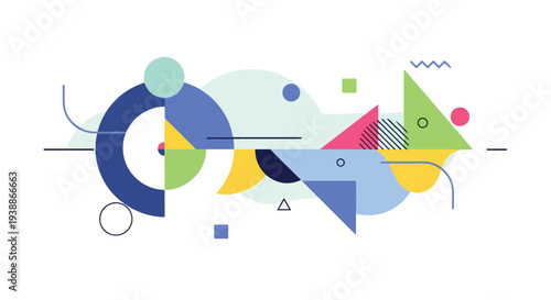 A vibrant geometric composition featuring various shapes