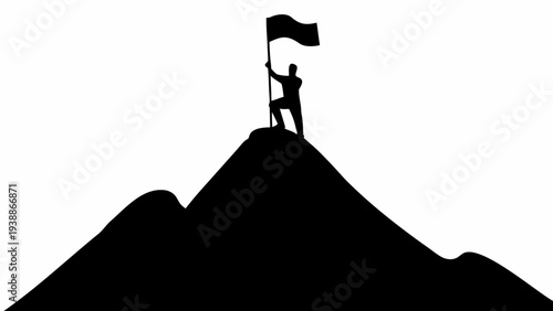 Man standing on mountain peak holding flag high