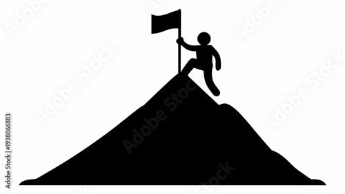 Person standing on mountain peak with flag in hand celebrating success
