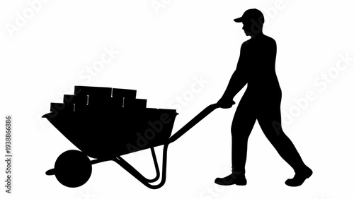 Man pushing loaded wheelbarrow in dynamic motion
