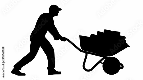Man pushing loaded wheelbarrow in dynamic motion