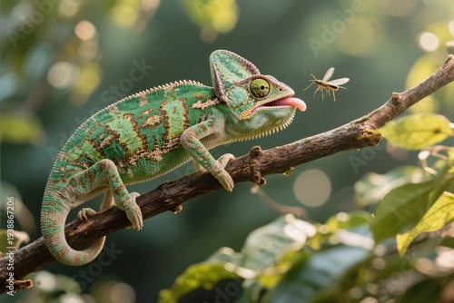 A chameleon perched on a branch extends its tongue to catch a flying insect in a lush green environment.