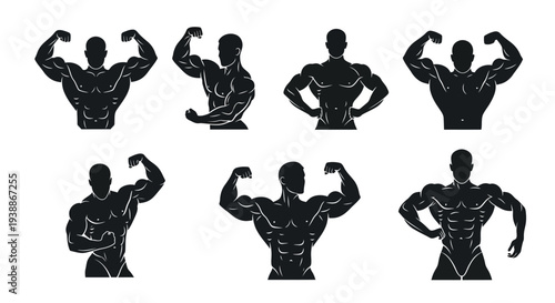 Minimal bodybuilding silhouette logo set featuring 4 powerful fitness variations including double biceps pose, muscular torso flexing, circular badge emblem, and side profile flex pose.