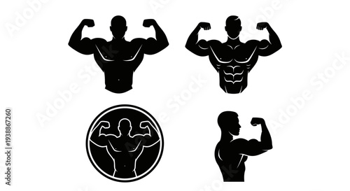 Minimal bodybuilding silhouette logo set featuring 4 powerful fitness variations including double biceps pose, muscular torso flexing, circular badge emblem, and side profile flex pose.