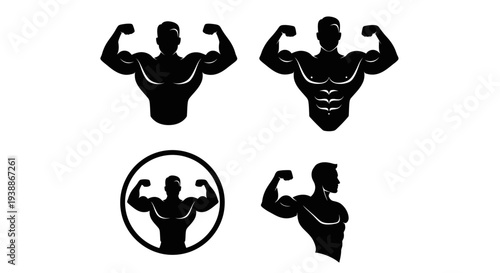 Minimal bodybuilding silhouette logo set featuring 4 powerful fitness variations including double biceps pose, muscular torso flexing, circular badge emblem, and side profile flex pose.