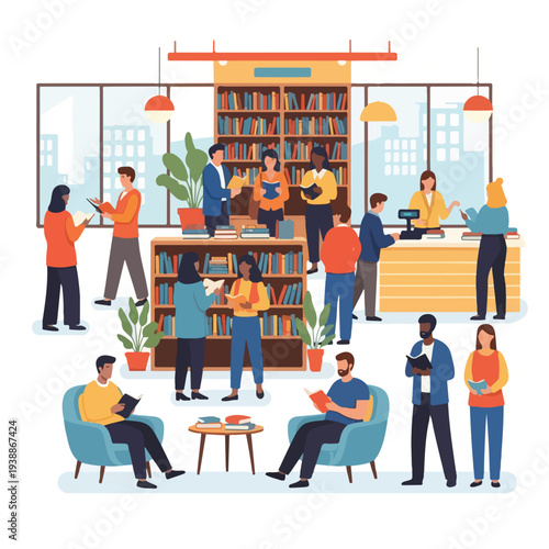 A vibrant illustration shows people reading books in a library setting