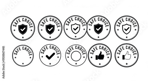 Safe choice badge and stamp vector set with shield check mark thumbs up quality approval labels