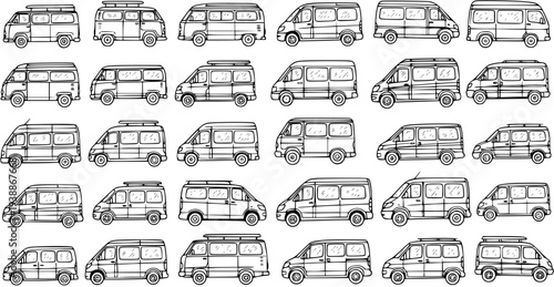 Hand-Drawn Black and White Line Art Seamless Pattern of Automotive Transportation, Travel, and Camper Vans