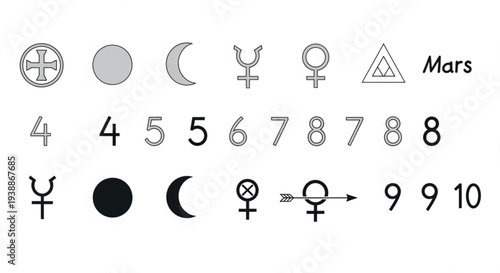 Mars planetary symbols and astrology icons vector set with numbers astronomical glyph collection minimalist space science design