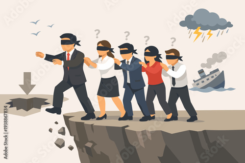 Blindfolded Business People Following a Leader Off a Cliff into an Abyss, Concept of Bad Leadership, Corporate Failure, Risk Management, Crisis, and Blindly Following a Wrong Direction in Business