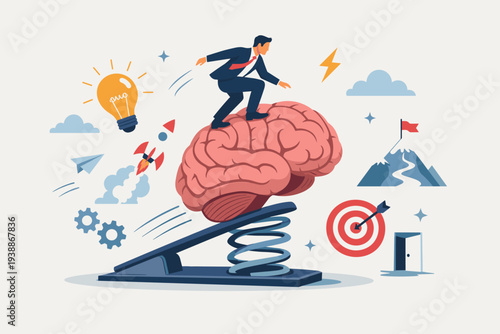 Businessman surfing on a human brain on a springboard, representing mental resilience, creative thinking, business innovation, intelligence, and strategy for success and achieving career goals.