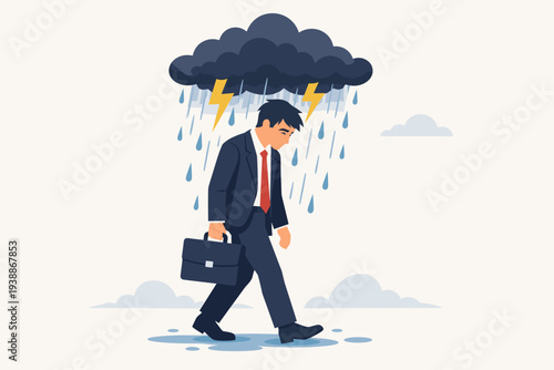 Sad Businessman Walking Under a Dark Storm Cloud with Rain and Lightning Representing Business Failure, Stress, Depression, Financial Crisis, Risk, and Obstacles in Professional Career Path.