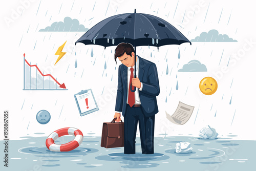 Depressed businessman in suit standing in rain with leaky umbrella, surrounded by symbols of economic crisis, financial failure, falling stock market graph, stress, and mental health struggles.