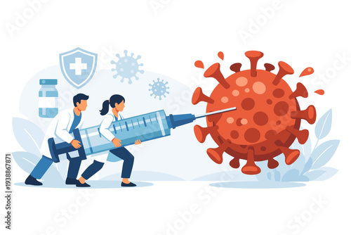 Medical Doctors Fighting COVID-19 Coronavirus with Giant Vaccine Syringe Injection for Immunization, Prevention, and Treatment, Healthcare Professionals Researching Cure for Global Pandemic Vector