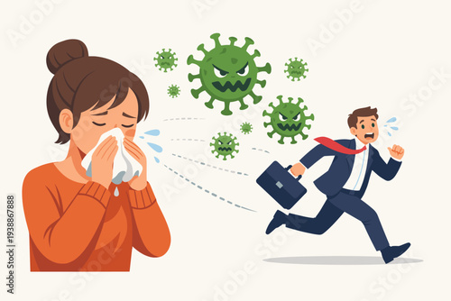 Sick Woman Sneezing into Tissue and Spreading Flu Virus or Coronavirus Germs Illustration with Businessman Running Away in Fear, Concept of Infection Outbreak, Social Distancing and Disease