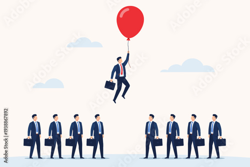 Unique businessman flying with a red balloon above a group of competitors, symbolizing standing out, career growth, creative thinking, competitive advantage, and being different in business.