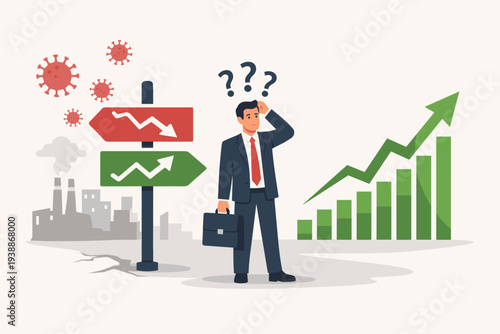 Confused businessman at a crossroads between economic recession and stock market growth during the COVID-19 pandemic, investor facing financial uncertainty, market volatility, and global crisis.