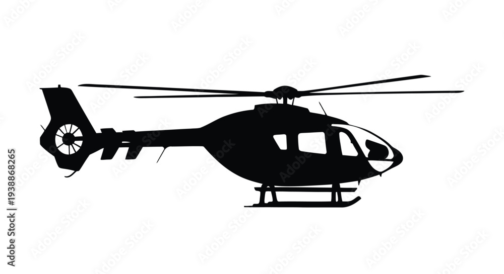 Fototapeta premium Silhouette of a helicopter in flight against a plain white background