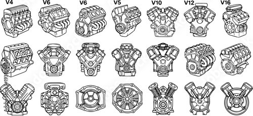 Automotive V-Engines Line Art. Technical black  white outline drawings of various internal combustion engines (V4, V5, V6, V10, V12, V16) in different views.