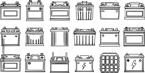 Automotive Car Battery Outline Icons Set. Vehicle Accumulators Black and White Line Art Collection. Electrical Power Source for Auto Transport Doodle Style Vector Illustration.