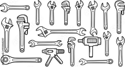 Construction and Automotive Repair Tools Collection: Black  White Line Art Vector Set of Wrenches and Spanners