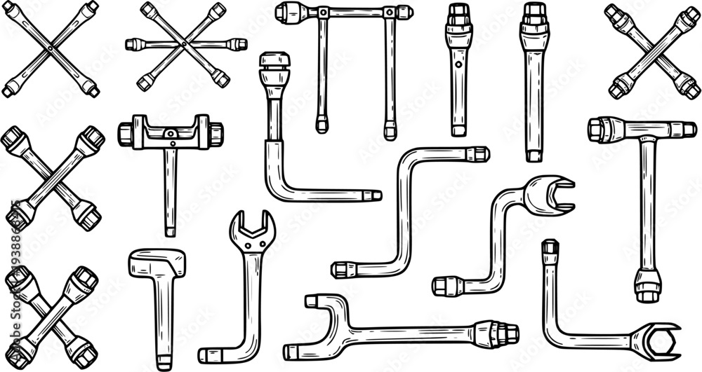 Fototapeta premium Automotive Wrenches Set in Hand-drawn Black and White Sketch Style. Collection of Mechanic Tools like Lug Wrenches, Socket Wrenches, and T-Handles for Vehicle Repair.