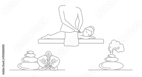 Line drawing of a person receiving a massage with stones and incense nearby