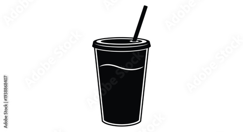Simple black and white illustration of a plastic cup with a liquid and straw
