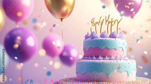 Festive two-tiered birthday cake with balloons and confetti.