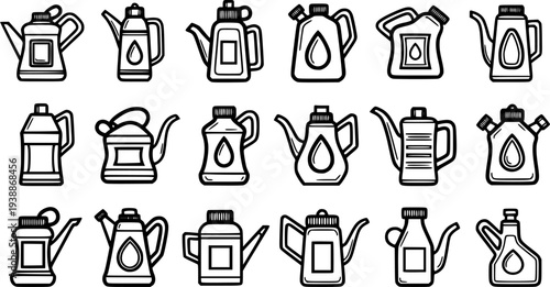 Automotive, Industrial, and Kitchen Oil Cans  Pourers Black and White Line Art Icons Collection for Lubrication and Cooking