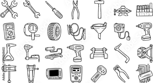 Automotive Mechanic Tools and Garage Equipment Icons Set - Black and White Hand-drawn Line Art Collection of Repair and Diagnostic Instruments