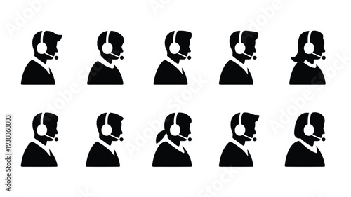 Collection of customer service representatives silhouettes wearing headsets in various profiles against white background