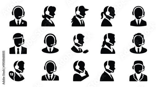 Collection of black silhouette customer service representatives with headsets in various poses on white background for business and communication concepts