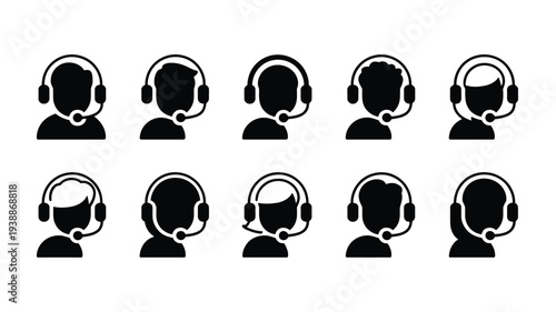 Collection of customer service representatives wearing headsets in various poses and silhouettes against a white background