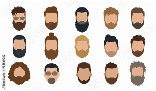 Set of hipster men faces with different beards hairstyles and mustaches modern male avatar vector icons
