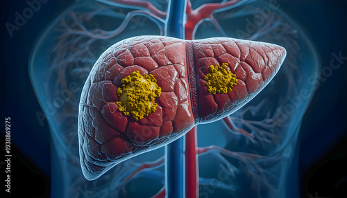 Ultra-Realistic AI-Generated Medical Illustration of Human Liver with Fatty Degeneration, Yellowish Tissue Areas, Macro Anatomical Detail, Cinematic Lighting