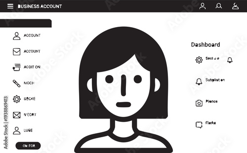 Business account dashboard user interface with female profile icon and management options.
