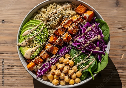 Delicious healthy bowl with quinoa avocado sweet potatoes chickpeas and greens on wooden table